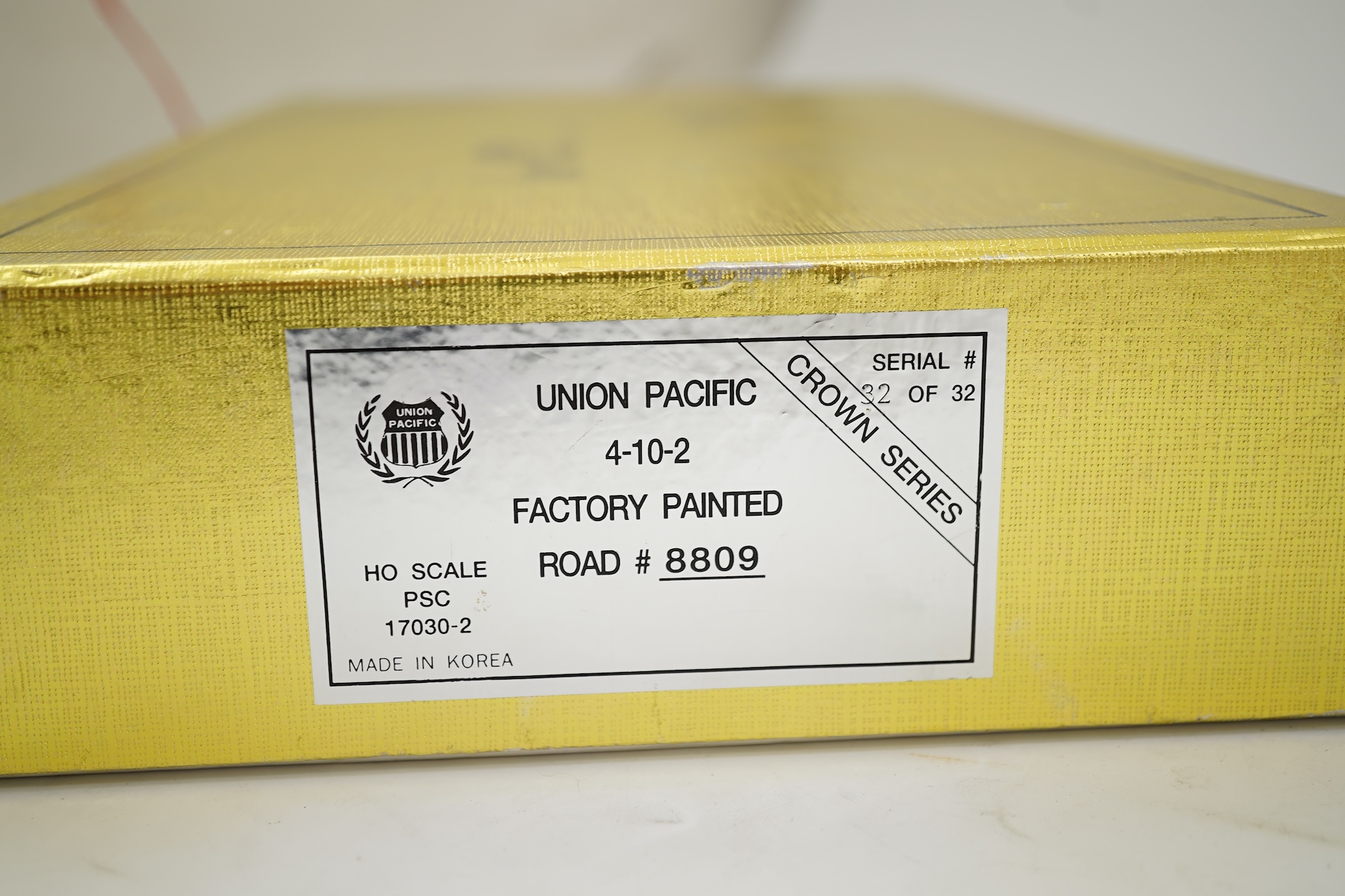 A boxed HO gauge Precision Scale Co. Crown Series (17030-2) model of Union Pacific, 8809, 4-10-2 locomotive with bogie tender, powered for two rail operation.